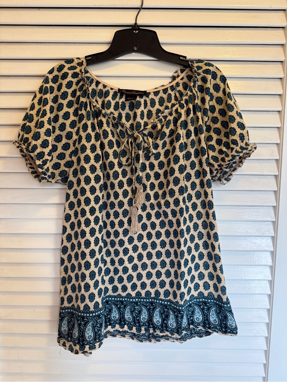 Marisa Christina Teal and Cream Paisley Tie-Neck Blouse